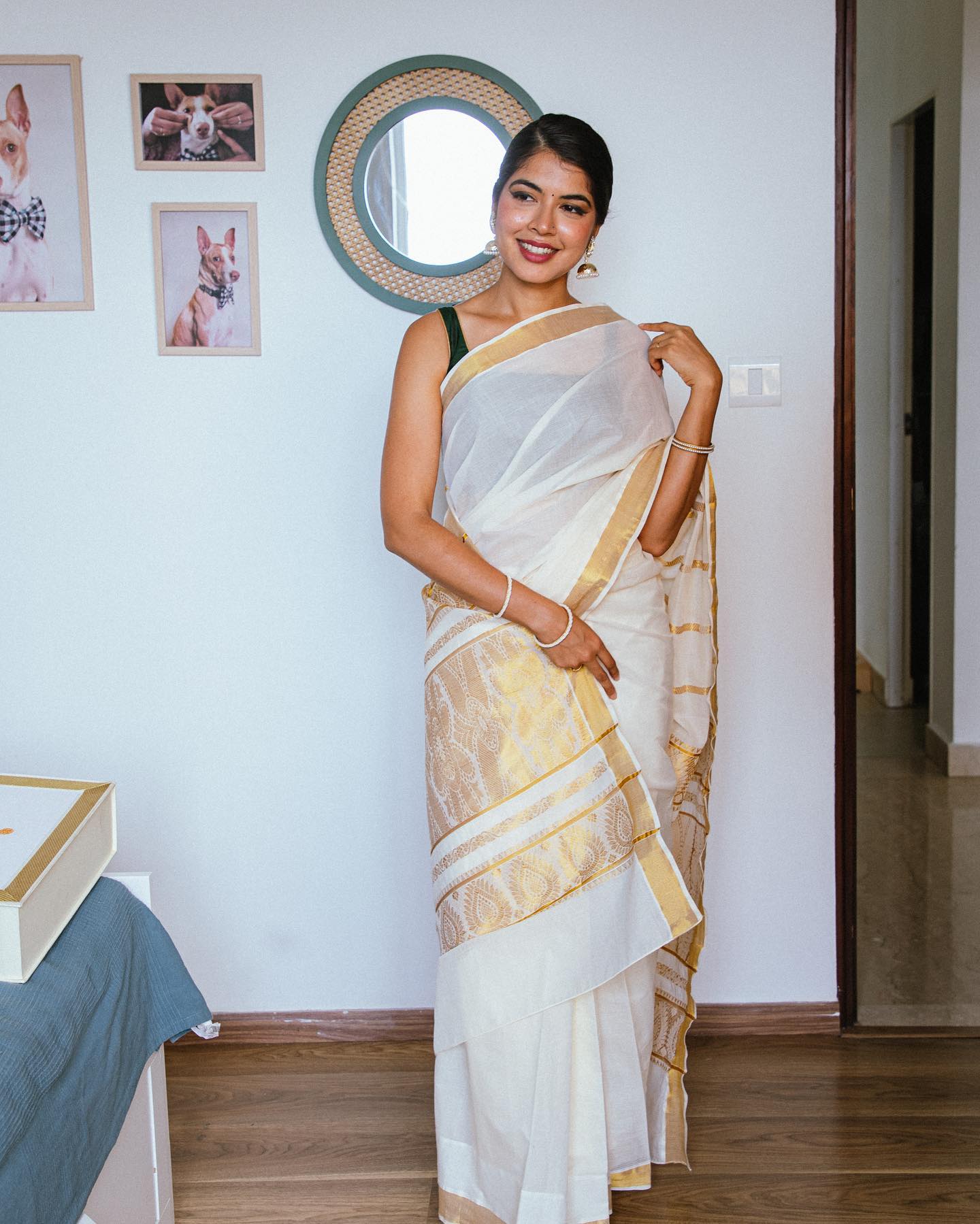 Kerala Kasavu Saree with Green Temple Border - Byhand Kochi